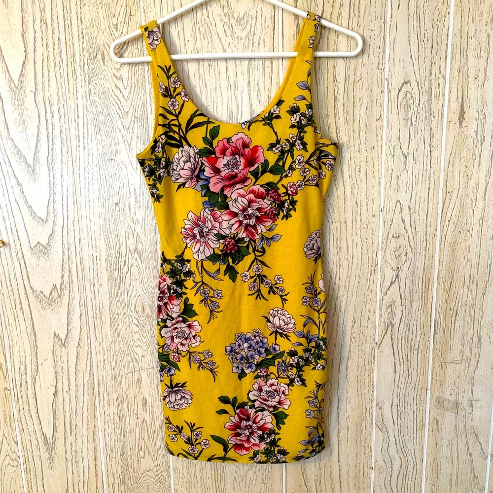 Yellow and floral body con dress size small